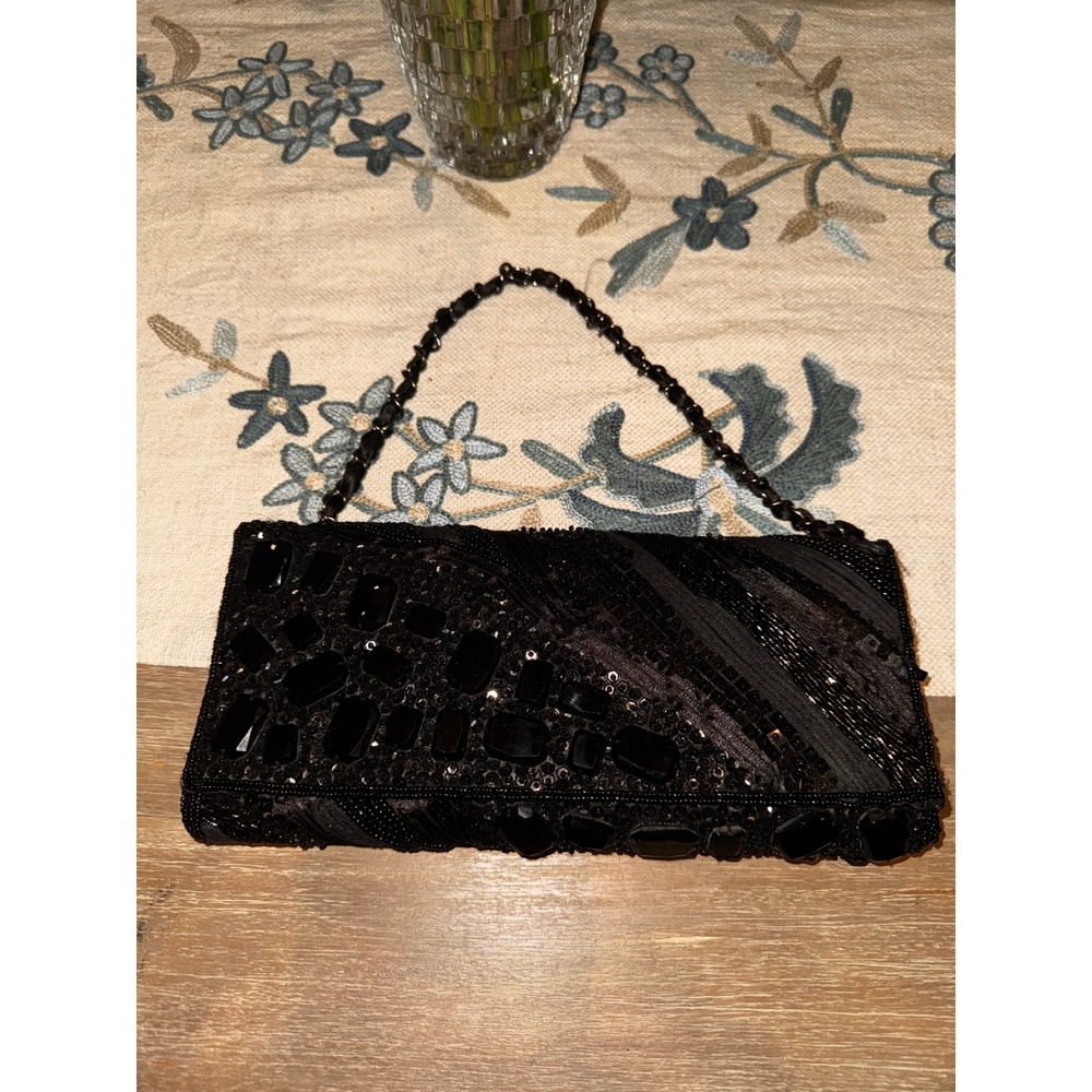 Chicos Black Beaded Gem Embellished Clutch Evening Bag Chain Strap - Picture 2 of 10